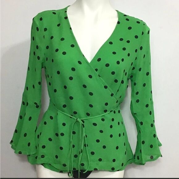 Ganni Dainty Georgette Wrap Tie Waist Emerald Green Wrap Blouse New Size 38 - Picture 2 of 10